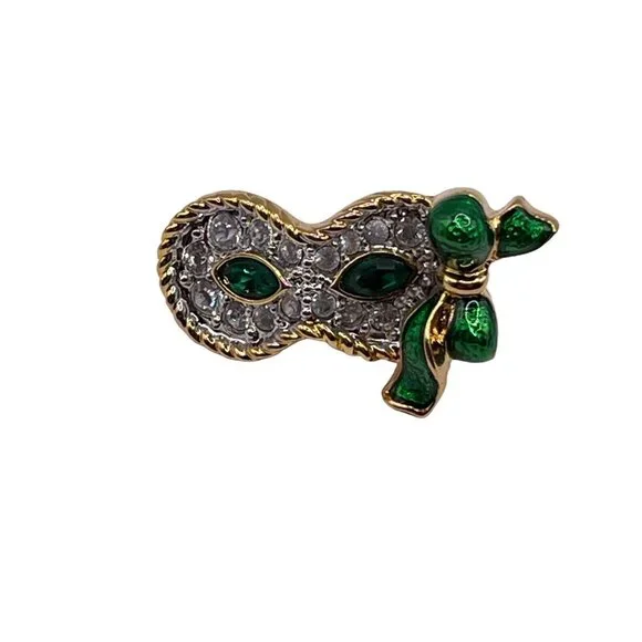 Swarovski Crystal Green Enamel Mardi Gras Mask Lapel Pin Tie Tack Signed READ! - Picture 2 of 10